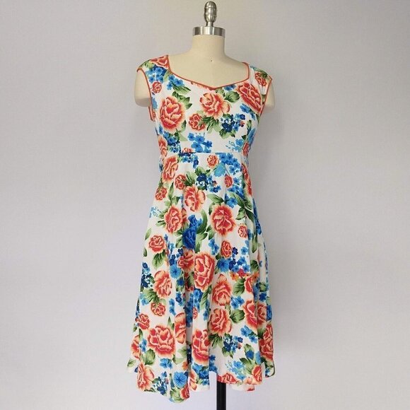 Lindy Bop White Floral Fit & Flare Dress Size S Sleeveless Sweetheart Neckline - Picture 2 of 9